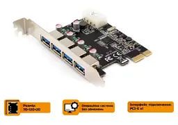 Плата розширення Frime PCI-E x 1, 4 xUSB 3.0, чіп NEC 720201, живлення Molex (ECF-PCIEtoUSB 015) - мініатюра 2