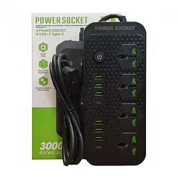 Мережевий подовжувач фільтр чорний на 4 розетки та 6 USB 3.4A та 2 Type-C Power Socket J08 - мініатюра 2