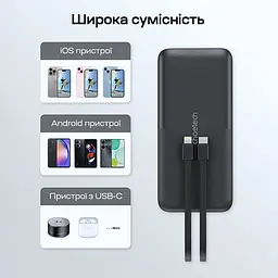 Повербанк 10000mAh Choetech B654 Black 22.5W QC3.0 PD3.0 вбудовані кабелі Type-C та Lightning (43-00147) - мініатюра 11