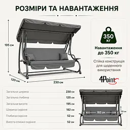 Садова гойдалка 230см до 350кг 4P Garden Comfort чотиримісна, розкладна, з подушками та підстаканниками - мініатюра 7