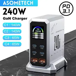 Зарядний адаптер - станція хаб живлення Asometech HW186 6-в-1 GaN 240W USB Type-C 6 портів - мініатюра 2