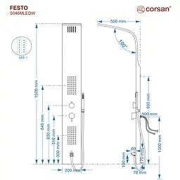 Душова панель Corsan Festo black LED з виливом S046MBLLEDW, Чорний матовий - мініатюра 4