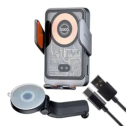 Холдер Hoco HW8 Transparent Discovery Edition wireless fast charg car holder console Темно-сірий - мініатюра 3