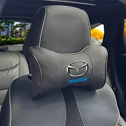 Подушка на підголівник з логотипом Mazda Екошкіра 3D Кольоровий лого Чорна-Коричневий кант 1 шт