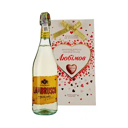 Набір: Вино ігристе Sizarini Lambrusco White Dry біле сухе 0.75 л + Цукерки Любімов молочно-шоколадне горіхове праліне 100 г