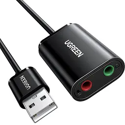 Зовнішня звукова карта UGREEN US205 аудіоадаптер з підключенням через USB-A зі стереовиходом 3,5 мм для навушників і окремим входом 3,5 мм чорна (30724)