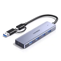 USB-хаб UGREEN CM219 підключення USB-C з перехідником на USB-A 4 порти USB-A 3.0 до 5 Гбіт/с вхід USB-C лише для додаткового живлення периферії з індикатором роботи вбудований кабель 0,15 м темно-сірий (65757)