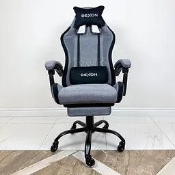 Геймерське крісло DEXON ORION X з підставкою для ніг, з тканини+подушки велюр, металева хрестовина, Темно-Сірий - мініатюра 3