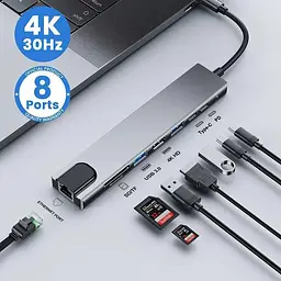 Хаб USB type C HUB 8 in 1 PD100W 4K 30 Гц RJ45 USB 3.0 10 Гб/с - мініатюра 3