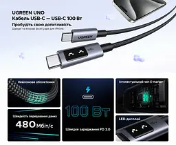Кабель UGREEN Uno L509 USB-C - USB-C PD 100 Вт з дисплеєм 1 м чорно-сірий (35501) - мініатюра 2
