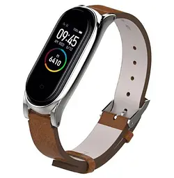 Шкіряний ремінець Primo Mijobs для фітнес-браслета Xiaomi Mi Smart Band 5 Brown Silver - мініатюра 2