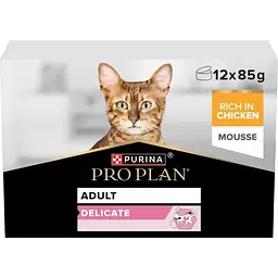 Набір вологий корм Purina Pro Plan для дорослих котів з чутливим травленням, мус з куркою 12х85 г - мініатюра 3
