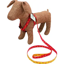 Комплект капроновий Lucky Pet Лапки: шлея 28-33х44-52х1 см + повідець, червоно-жовтий - мініатюра 2