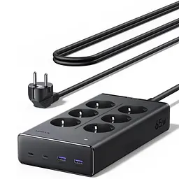 Мережевий фільтр із USB-заряджанням UGREEN S652 1,5 м подовжувач 6 розеток Schuko 2×USB-C + 2×USB-A навантаження розеток до 3680 Вт USB сумарно до 65 Вт USB-C1 PD 3.0 PPS до 65 Вт при окремому використанні із загальним вимикачем із захисними шторками розеток з можливістю настінного кріплення розетки під кутом 45° темно-сірий (55286)