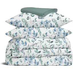 Комплект постільної білизни Cosas євро з простирадлом на резинці STEPPE FLOWERS CS2 200 x 220 см (FoliageBlueMint_El-104Ashmint_200)