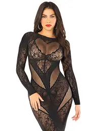 Сукня з довгим рукавом Leg Avenue Lace and Net Bodycon Gown One Size, Black - мініатюра 1