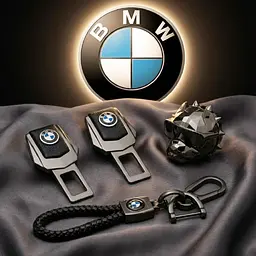 Автонабір «На стилі» №14 для BMW із заглушками ременів безпеки та брелоком з логотипом / ароматизатор Pitbull