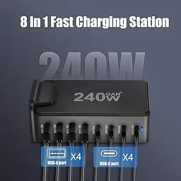 Мережева зарядна станція ILEPO 240W на 4 USB+4 Type-C мультизарядний пристрій потужний блок живлення Black (19338) - мініатюра 3