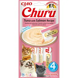 Ласощі для котів INABA Churu, вершковий мус у стіках з тунцем та лососем, 4×14 г