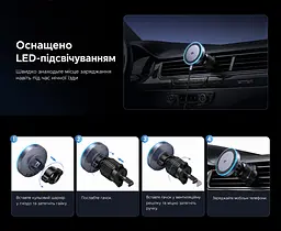 Магнітний автомобільний тримач із бездротовим заряджанням UGREEN MagFlow W708 із кріпленням-гачком у дефлектор Qi2 до 15 Вт вхід живлення USB-C PD/QC для iPhone 12 і новіших з iOS 17.2 обертання на 360° з LED-підсвічуванням кабель USB-C ↔ USB-C 1 м у комплекті сіро-чорний (35970) - мініатюра 3