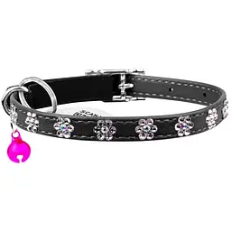 Нашийник для котів Waudog Glamour Квіточка, шкіряний, з еластичною вставкою, зі стразами, 22-30х0,9 см, чорний