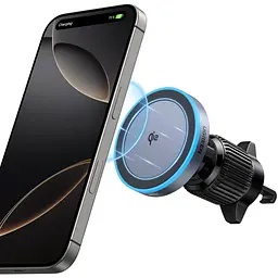 Магнітний автомобільний тримач із бездротовим заряджанням UGREEN MagFlow W708 із кріпленням-гачком у дефлектор Qi2 до 15 Вт вхід живлення USB-C PD/QC для iPhone 12 і новіших з iOS 17.2 обертання на 360° з LED-підсвічуванням кабель USB-C ↔ USB-C 1 м у комплекті сіро-чорний (35970)