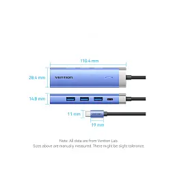 Концентратор Vention USB 3.1 Type-C to HDMI/USB 3.0x3/PD 100W Blue Aluminum Alloy Hub 5-in-1 (TGESB) - мініатюра 11