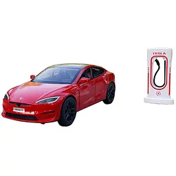 Колекційна металева модель електромобіля Автопром Tesla Model S із зарядною станцією, інерцією, світлом та звуком 1:24