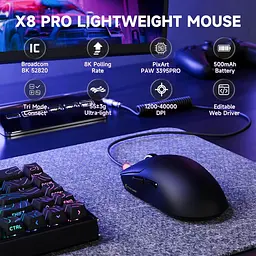 Бездротова миша ATTACK SHARK X8 Pro PAW 3395PRO Sensor,40K DPI,8K 2.4G/USB-C з кабелем/Bluetooth Чорна - мініатюра 3