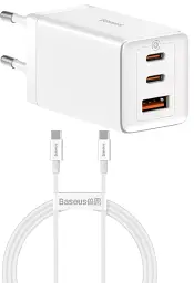 Мережевий зарядний пристрій Baseus GaN5 Pro Fast Charger 2Type-C+USB 65W + Cable Type-C to Type-C CCGP120202 White - мініатюра 5