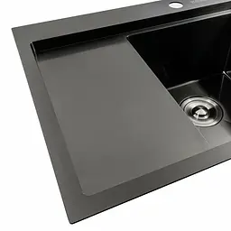 Кухонна мийка чорна PVD 58x48 R Platinum Handmade (два отвори, круглий сифон 3,0/0,8), Чорний - мініатюра 6