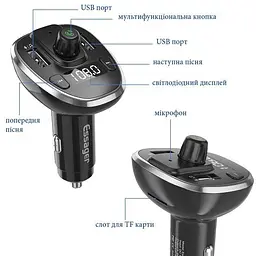 Автомобільний зарядний пристрій та автомобільний FM-трансмітер Essager F01 модулятор USB, чорний (ECCFM-DG0A) - мініатюра 4