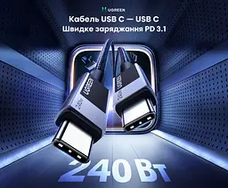 Кабель UGREEN L513 USB-C - USB-C PD 3.1 240 Вт 1 м чорний (45067) - мініатюра 6