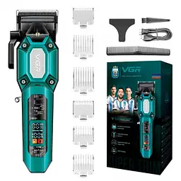 Акумуляторна машинка для стрижки VGR V-600, 6 насадок, регулятор висоти, 7000 RPM, LED дисплей Зелена