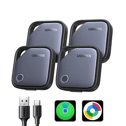 Bluetooth-трекери для пошуку речей UGREEN FineTrack CM916 4 шт. AirTag пошукові мітки для Apple Find My або Android Find Hub з перезаряджанням через USB-C зі звуковим пошуком зі сповіщеннями про залишені речі зі спільним доступом до місцезнаходження до 1 року роботи на заряді синьо-сірі з чорною рамкою (75646P)
