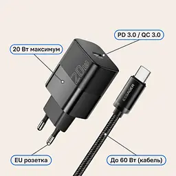 Комплект Essager: зарядний пристрій 20W (USB-C) + кабель USB-C-USB-C, EU, чорний - мініатюра 3
