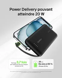 Belkin Акумулятор портативний літій-іонний Power Bank 10000мА·год, 20Вт, з інтегрованим кабелем USB-C, чорний - мініатюра 2