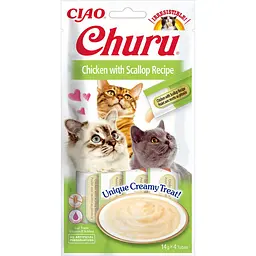 Ласощі для котів INABA Churu, вершковий мус у стіках з куркою та морським гребінцем, 4×14 г
