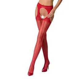 Сітчасті панчохи-стокінги Passion S018 One Size, Red, імітація пояса, сітка з вертикальними смужками - мініатюра 1
