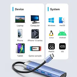 Док-станція USB3.1 Type-C --> HDMI/USB 3.0x3/PD 100W Синій Aluminum Alloy Hub 5-in-1 Vention - мініатюра 7