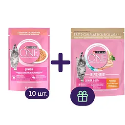 Упаковка влажного корма для котят Purina One Junior с лососем и морковью в соусе 850 г (85 г х 10 шт.) + Сухой корм для котят Purina One Junior с курицей и цельными злаками 450 г в подарок
