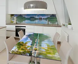 Вінілова наклейка на стіл Будиночки на воді самоклеючі гори Море Зелений 65х120 см Happy Pocket Z181839 - мініатюра 2