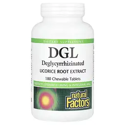 Солодка (Лакриця) дегліцирризиновий екстракт кореня DGL Deglycyrrhizinated Licorice Root Extract Natural Factors 180 жувальних таблеток