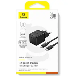 Мережевий зарядний пристрій Baseus Palm Fast Charger Type-C 30W + Cable Type-C to Type-C P10111605113-01 Black - мініатюра 6