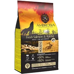 Уценка. Сухой корм Ambrosia Grain Free Sensitive для взрослых собак малых пород с чувствительным пищеварением кроль и лосось 5 кг