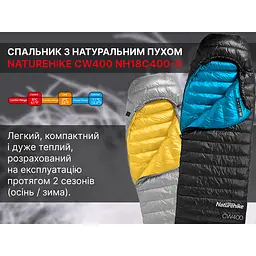 Спальник з натуральним пухом Naturehike CW400 NH18C400-D, p-р L, чорно-блакитний - мініатюра 6