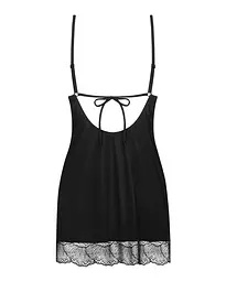 Пеньюар Obsessive Lobellis chemise & thong, XS/S, чорний, мереживне оздоблення, стрінги в комплекті - мініатюра 4