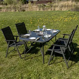 Комплект садових меблів 4Points Taormina-4 з прямокутним столом 150х90х70см з чорною скляною стільницею і сірим каркасом + 4 розкладні стільці з сірим каркасом - мініатюра 2
