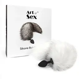 Силіконова анальна пробка Art of Sex з хвостом із натурального хутра Size M White fox - мініатюра 5