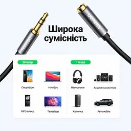 Кабель-подовжувач AUX для навушників UGREEN AV118 1,5 м штекер 3,5 мм для аудіовиходу та гніздо 3,5 мм мікрофонний сигнал не передається компактний штекер чорний (10593) - мініатюра 2